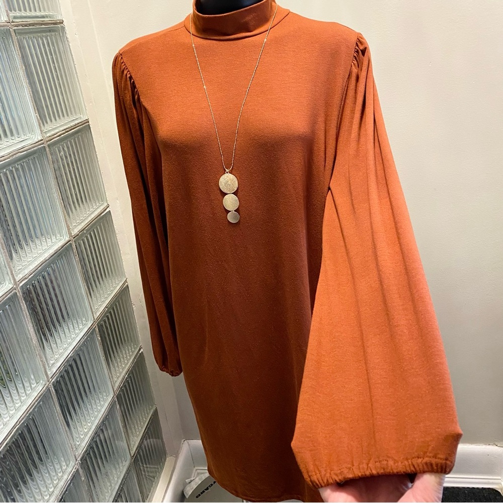 Torrid Mock Neck Soft Puff Sleeve Dress Rust Brown Comfy Stretchy Size 1 (14/16)